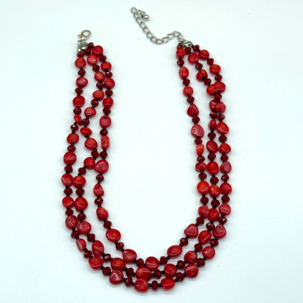 Natural Stone Red Triple Layer Necklace Glass Faceted & Black Spacer Beads 16" - Picture 1 of 6